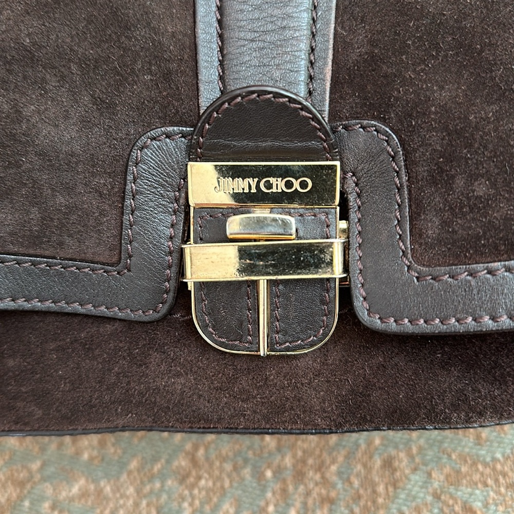 Jimmy Choo Brown Suede Leather Gold hardware Handbag Purse Large - Picture 8 of 9